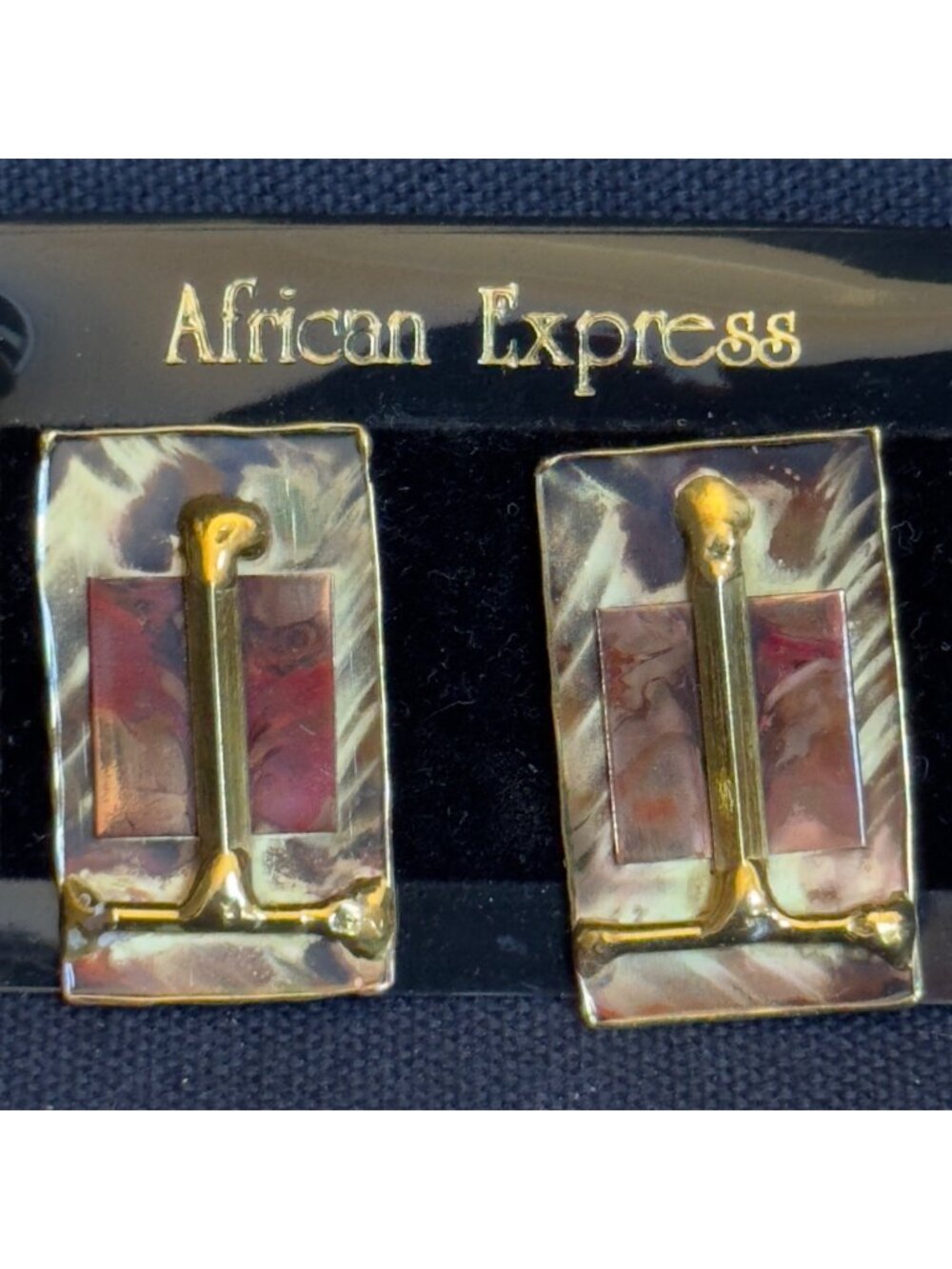 African Express Rectangular Gold-Tone & Marbled Clip-On Earrings Made In South A